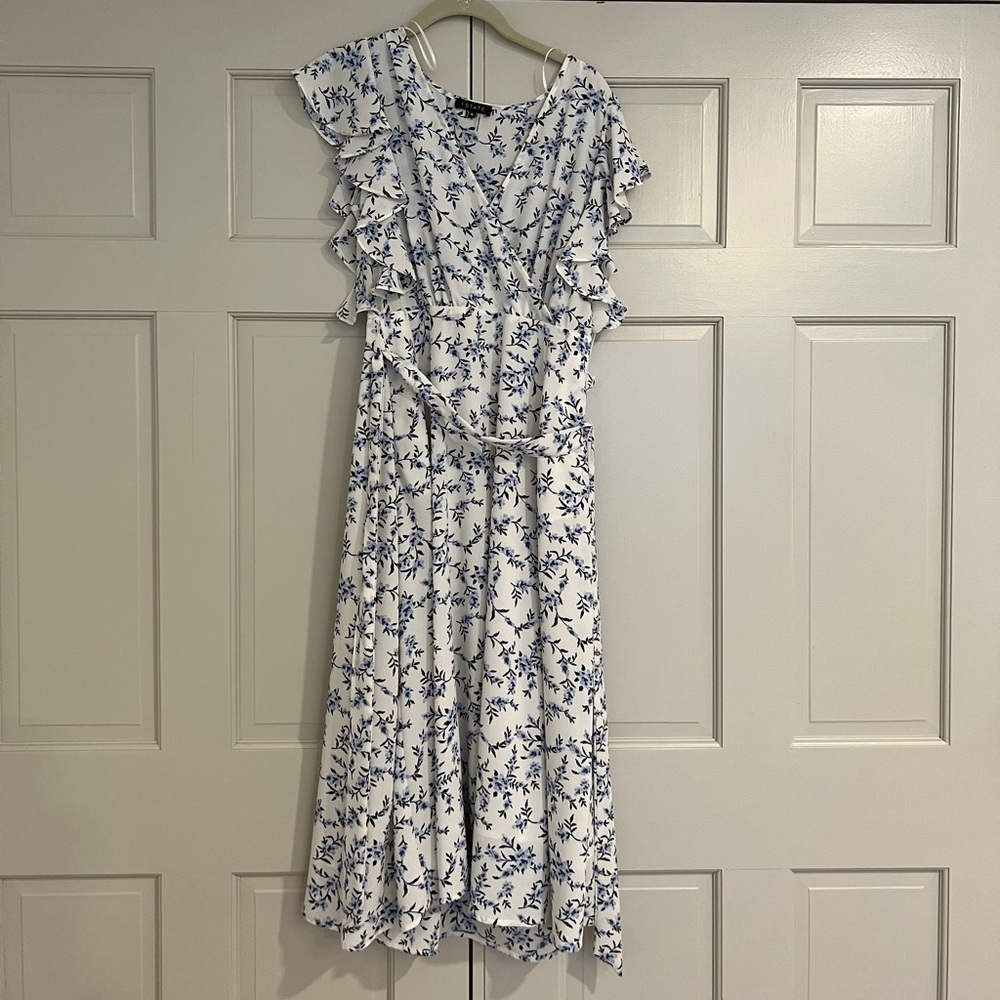 1 State blue floral ruffle midi dress